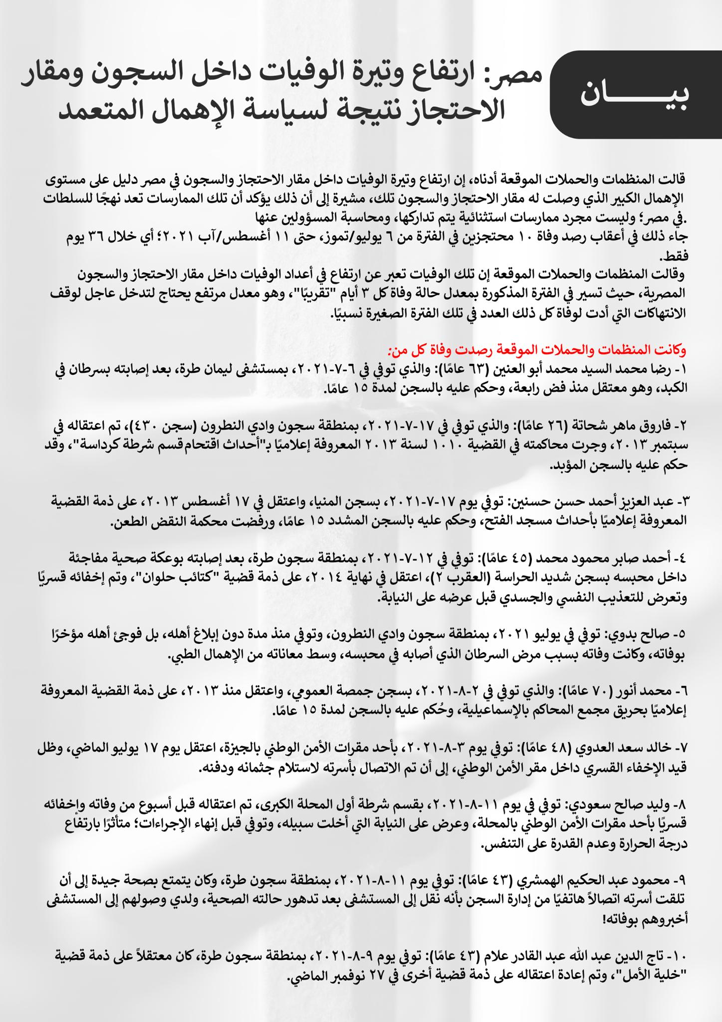 بيان : مصر: ارتفاع وتيرة الوفيات داخل السجون ومقار الاحتجاز نتيجة لسياسة الإهمال المتعمد