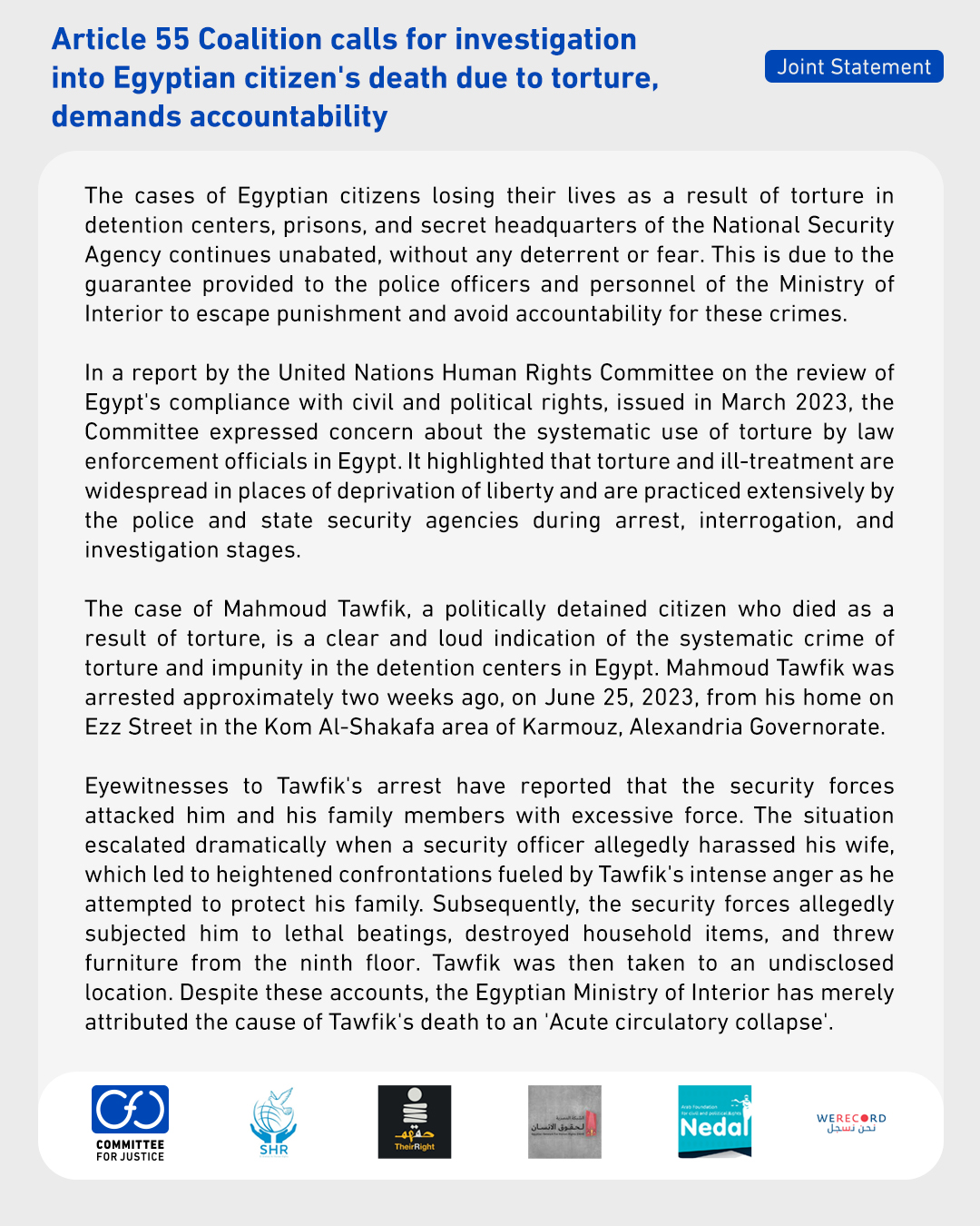 Article 55 Coalition calls for investigation into Egyptian citizen's death due to torture, demands accountability