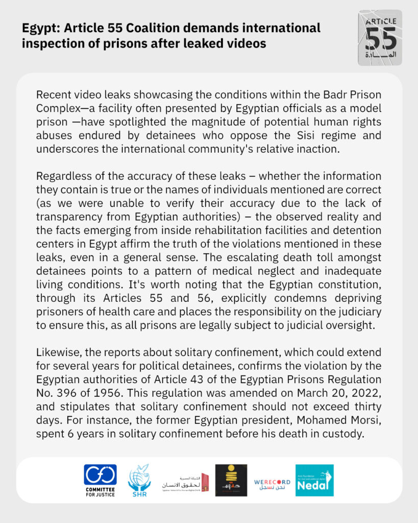 Egypt: Article 55 Coalition demands international inspection of prisons after leaked videos
